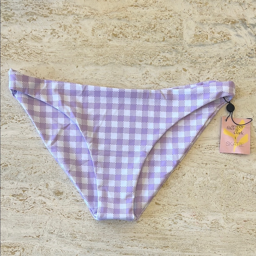 NWT SKATIE Cheryl women’s swim bottom Encinitas gingham purple white large